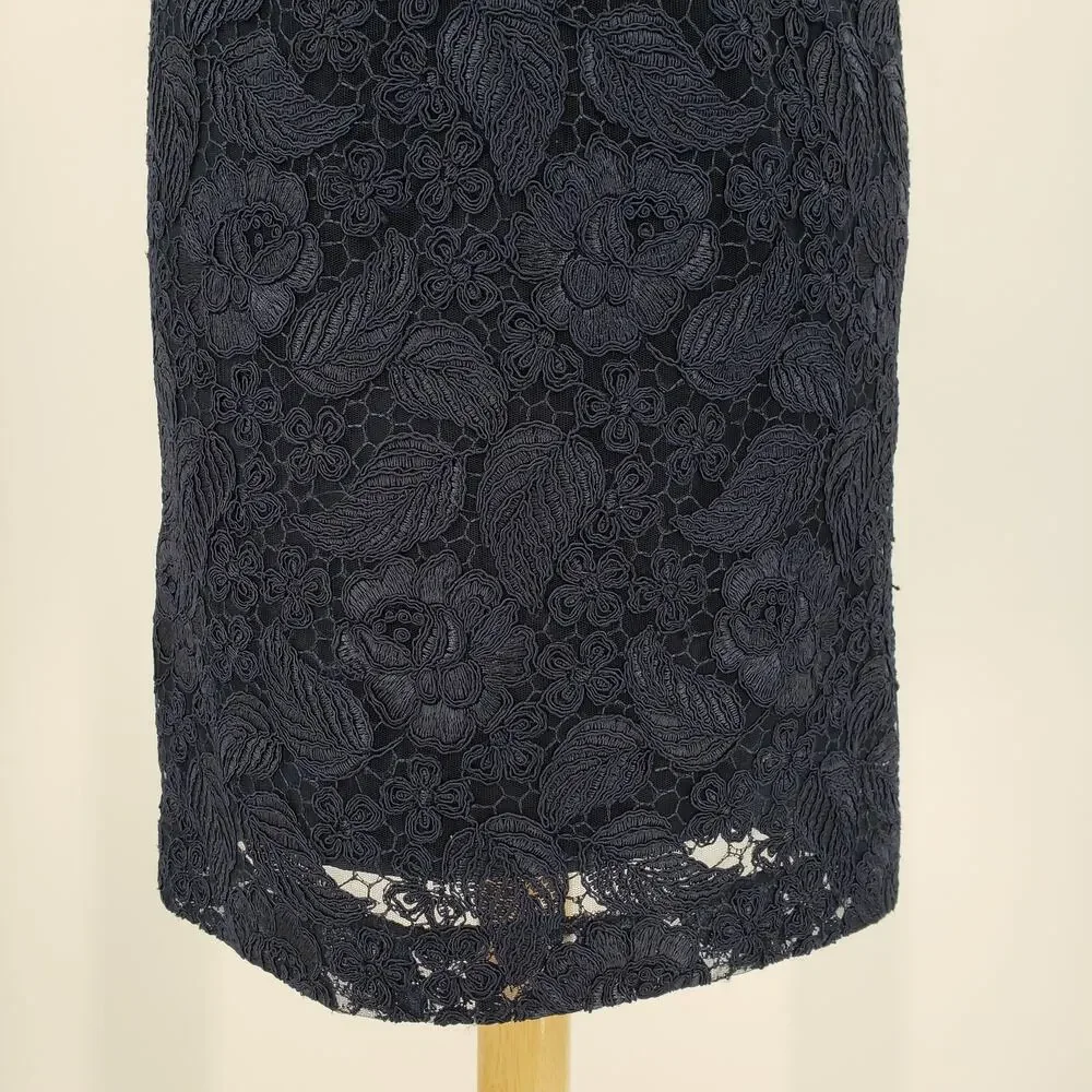 ML Monique Lhuillier Follow Suit Sheath Dress 12 Floral Leaf Lace Cocktail Navy - Picture 10 of 14